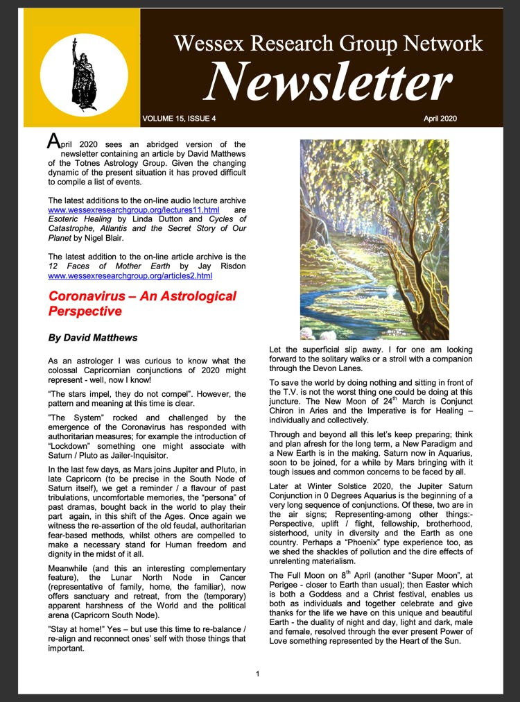 Newsletter with an article on Coronavirus - An Astrological Perspective