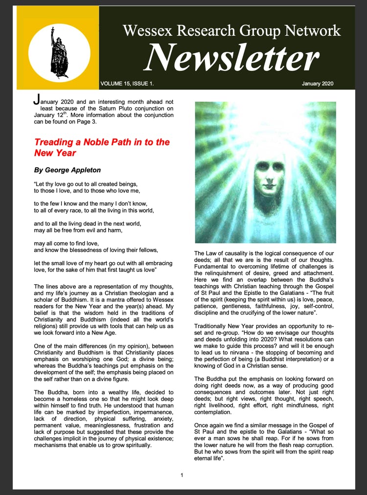 Newsletter with events listing and  articles on Treading a Noble Path into the New Year and Energy Healing