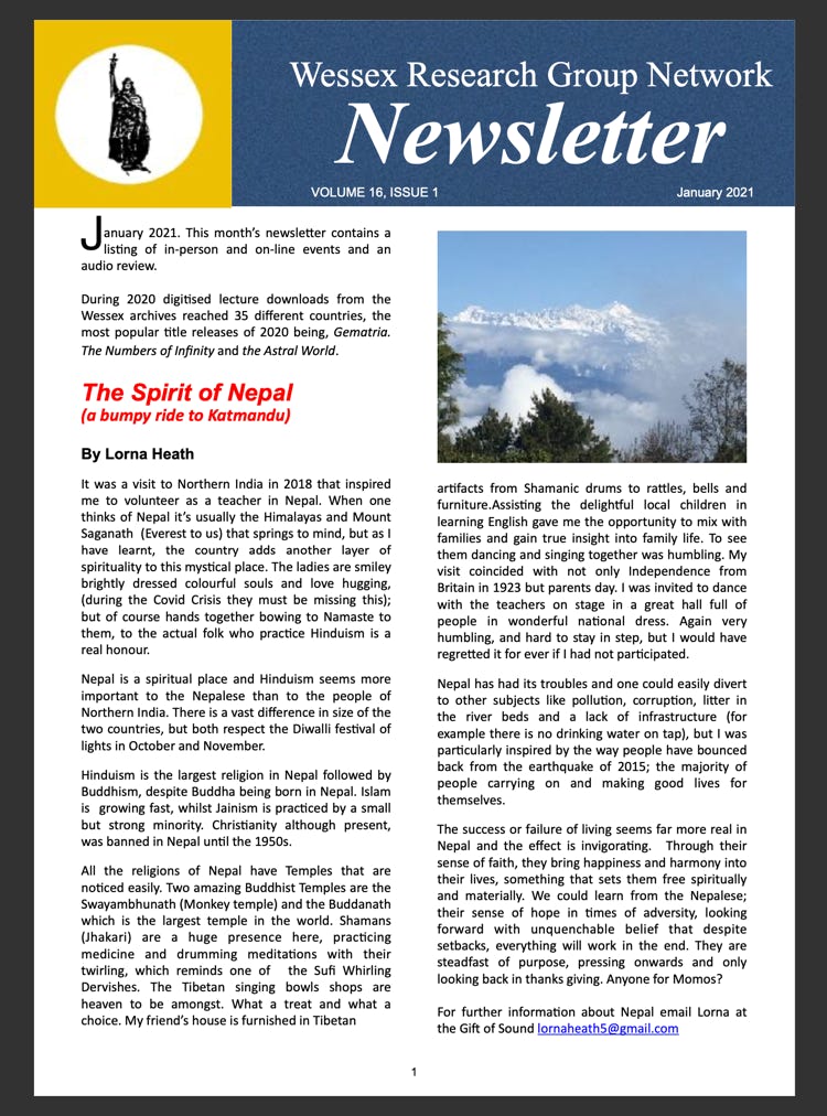 Newsletter with events listing and  an article called The Spirit of Nepal