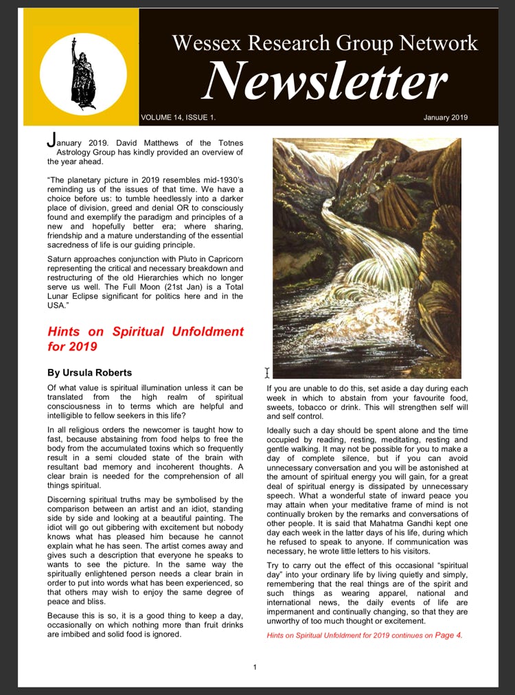 Newsletter with events listing and  article on Spiritual Unfoldment