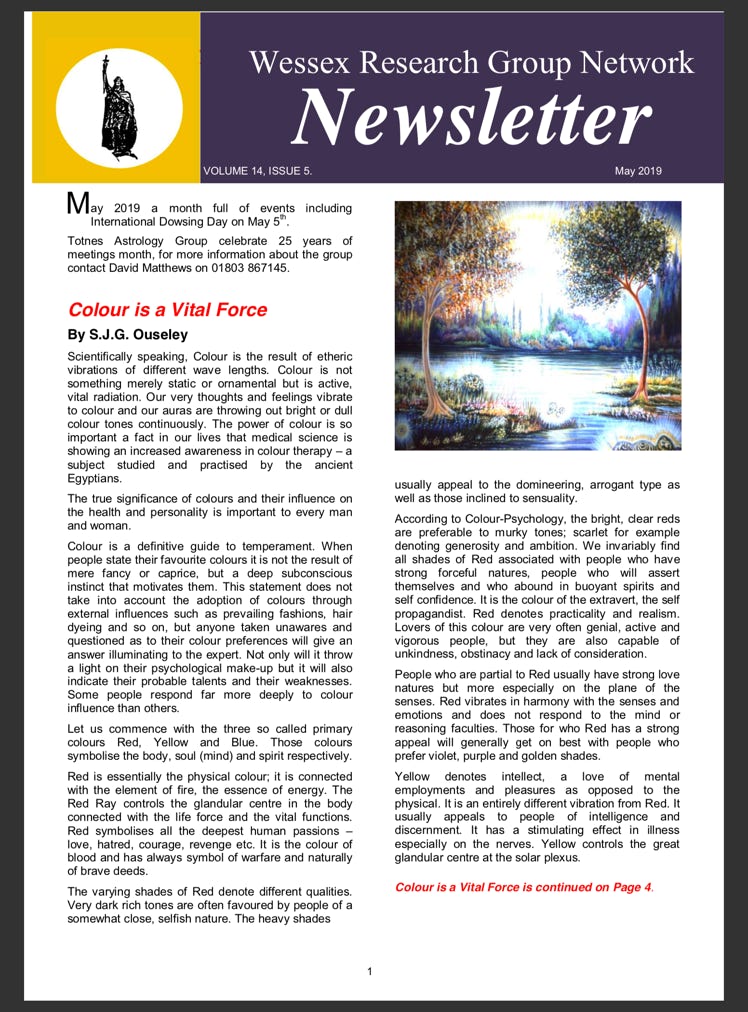 Newsletter with events listing and  article called Colour is a Vital force